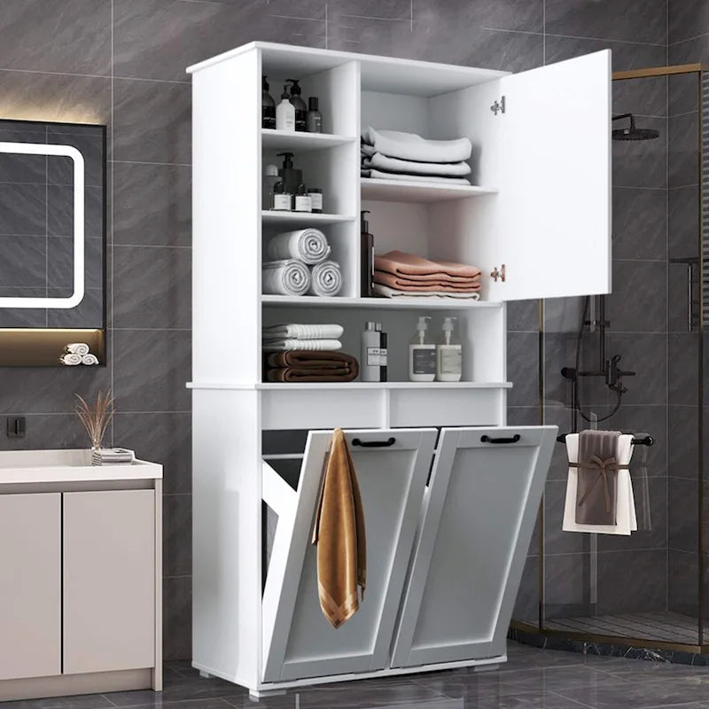Armoire de rangement haute pour salle de bain avec portes et étagère, meuble de salle de bain autoportant, panier à linge basculant