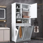 Armoire de rangement haute pour salle de bain avec portes et étagère, meuble de salle de bain autoportant, panier à linge basculant