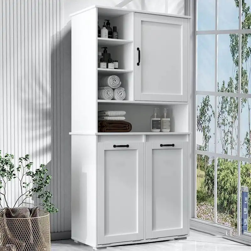 Armoire de rangement haute pour salle de bain avec portes et étagère, meuble de salle de bain autoportant, panier à linge basculant