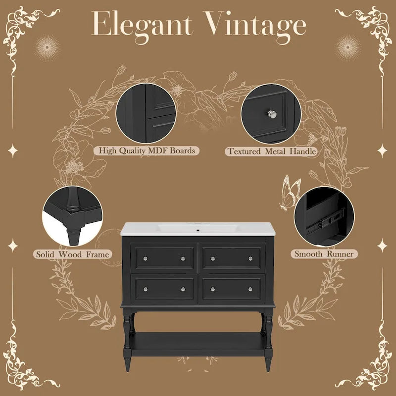 Meuble-lavabo de salle de bain 36 pouces avec vasque intégrée, vasque en céramique encastrée, meuble-lavabo autoportant avec 4 tiroirs