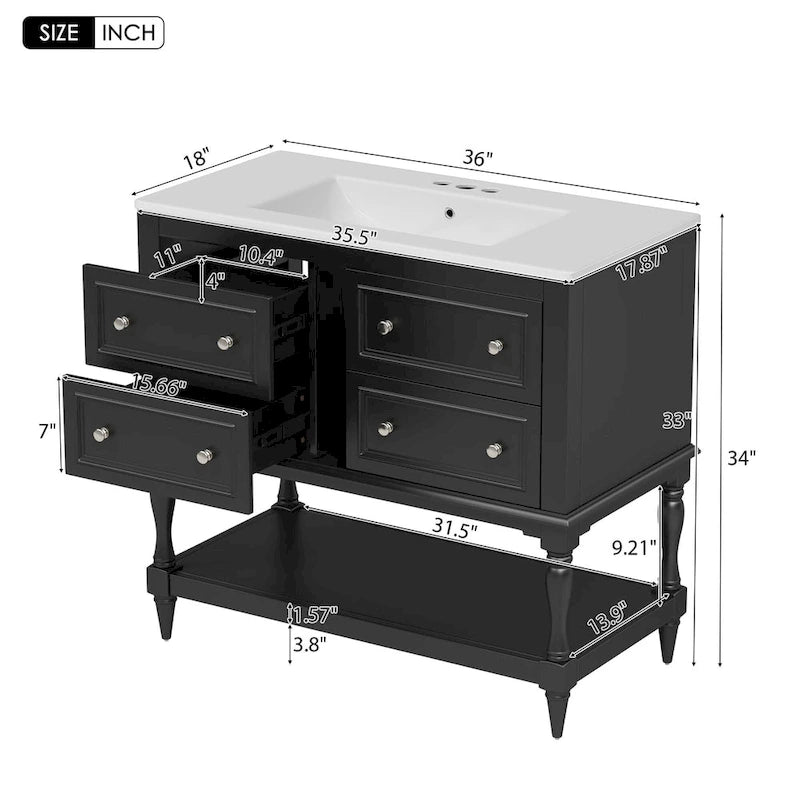 Meuble-lavabo de salle de bain 36 pouces avec vasque intégrée, vasque en céramique encastrée, meuble-lavabo autoportant avec 4 tiroirs