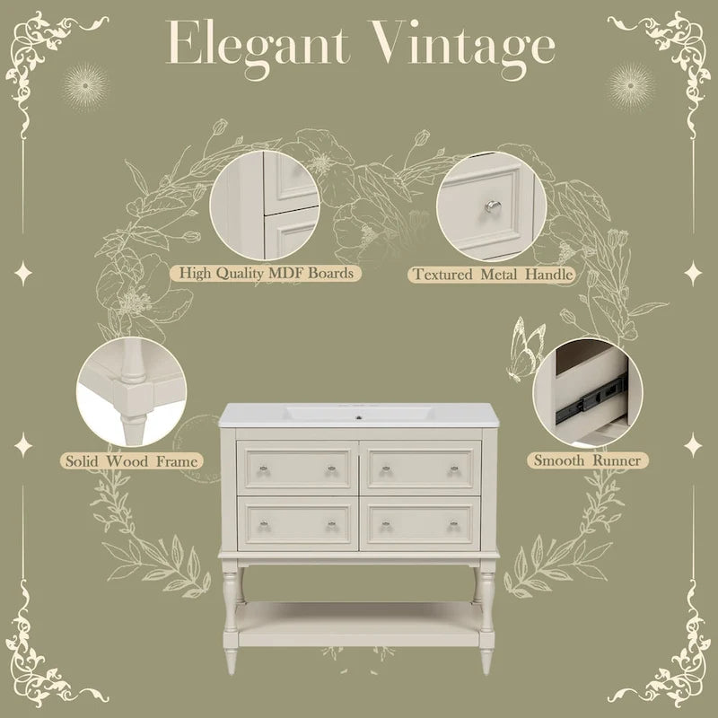 Meuble-lavabo de salle de bain 36 pouces avec vasque intégrée, vasque en céramique encastrée, meuble-lavabo autoportant avec 4 tiroirs