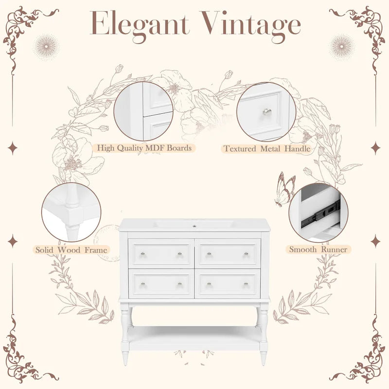 Meuble-lavabo de salle de bain 36 pouces avec vasque intégrée, vasque en céramique encastrée, meuble-lavabo autoportant avec 4 tiroirs