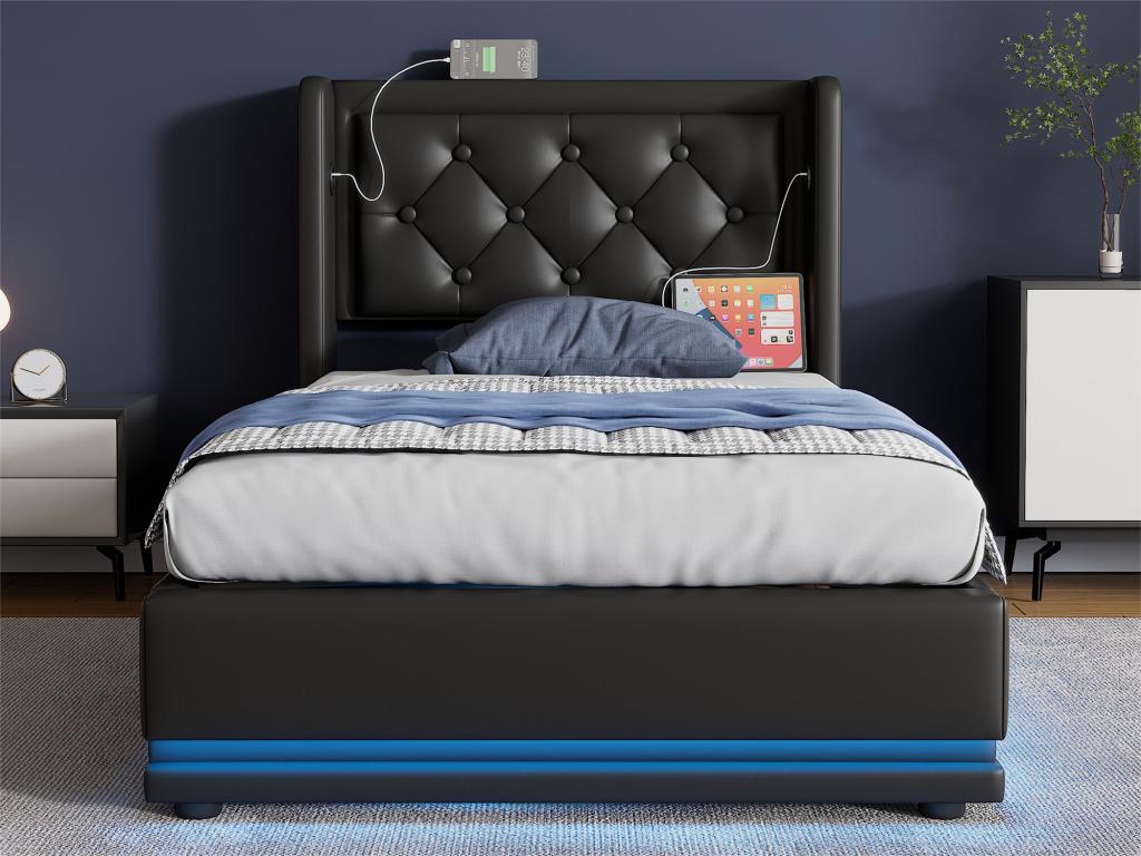 Lit en similicuir noir, 90 x 200 cm