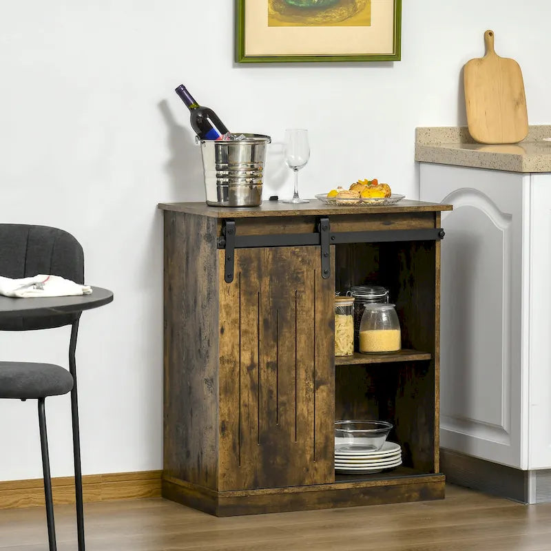 Buffet industriel HOMCOM avec porte coulissante de style grange et casier à vin 6 bouteilles.