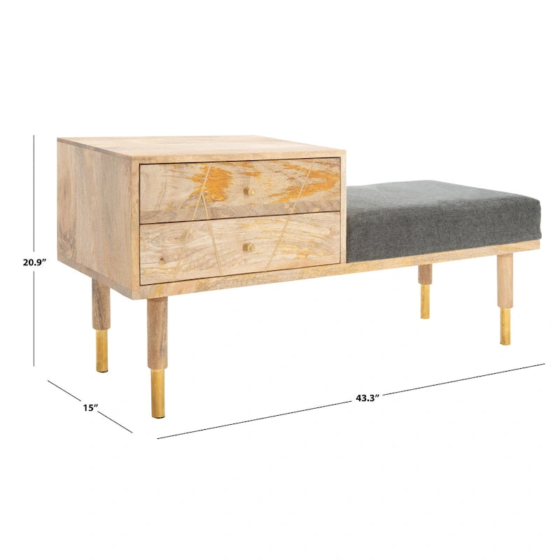 Banc moderne SAFAVIEH Tempie à 2 tiroirs avec assise rembourrée - 109 cm L x 38 cm P x 53 cm H