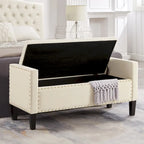 Banc de rangement capitonné avec boutons et garniture cloutée, assise rembourrée et moelleuse avec accoudoirs, pour entrée ou salon, banc de lit - Crème