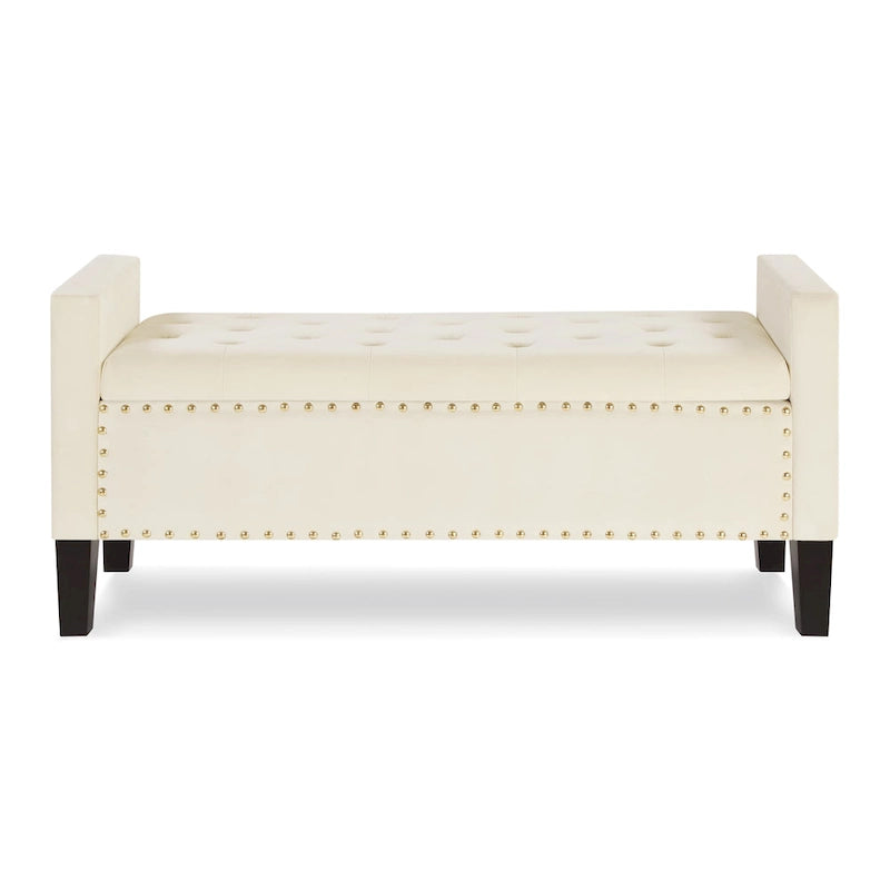 Banc de rangement capitonné avec boutons et garniture cloutée, assise rembourrée et moelleuse avec accoudoirs, pour entrée ou salon, banc de lit - Crème