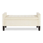 Banc de rangement capitonné avec boutons et garniture cloutée, assise rembourrée et moelleuse avec accoudoirs, pour entrée ou salon, banc de lit - Crème