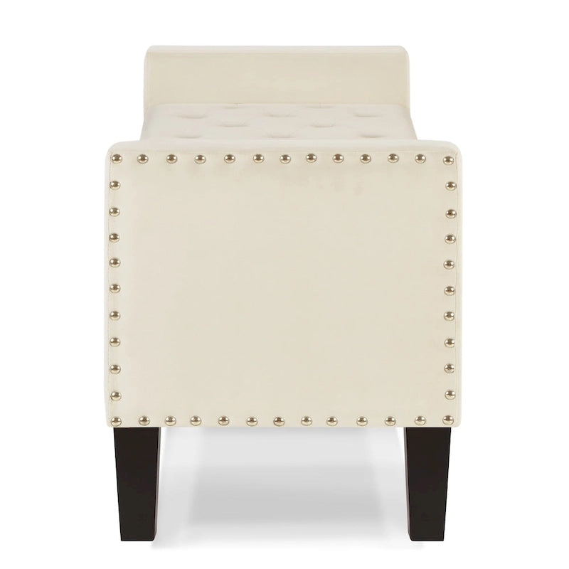 Banc de rangement capitonné avec boutons et garniture cloutée, assise rembourrée et moelleuse avec accoudoirs, pour entrée ou salon, banc de lit - Crème