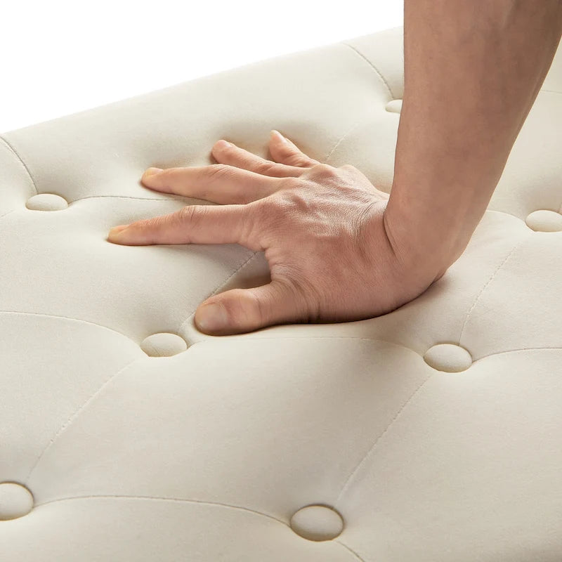 Banc de rangement capitonné avec boutons et garniture cloutée, assise rembourrée et moelleuse avec accoudoirs, pour entrée ou salon, banc de lit - Crème