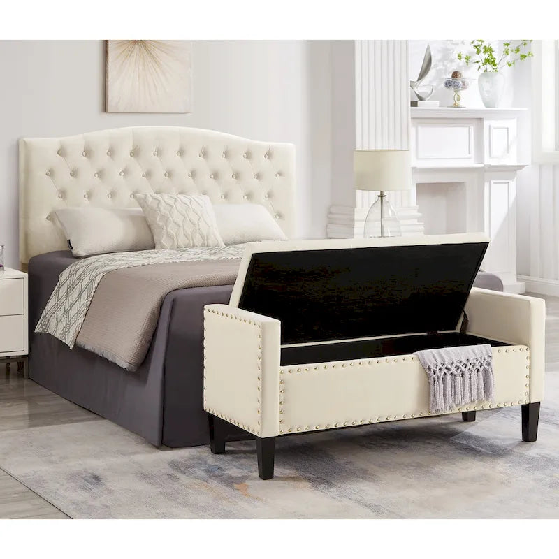 Banc de rangement capitonné avec boutons et garniture cloutée, assise rembourrée et moelleuse avec accoudoirs, pour entrée ou salon, banc de lit - Crème