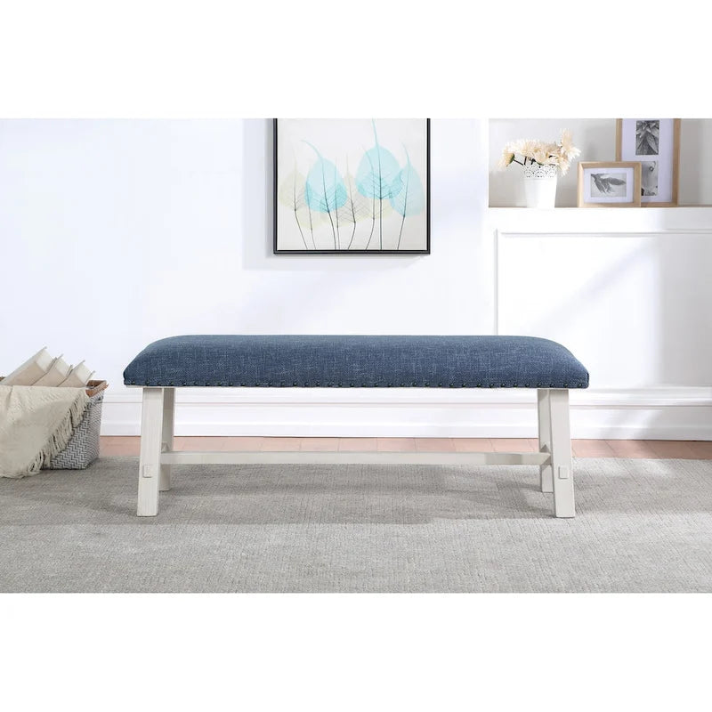 OS Home and Office Furniture Callen Bench with White Wash Frame and Antique Bronze Nailhead Trim in Navy Fabric