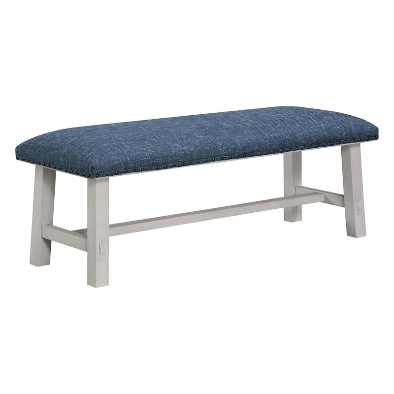 Banc Callen de OS Home and Office Furniture, avec structure blanchie et garniture cloutée bronze antique, revêtu de tissu bleu marine.