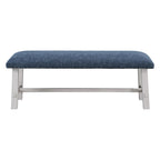 Banc Callen de OS Home and Office Furniture, avec structure blanchie et garniture cloutée bronze antique, revêtu de tissu bleu marine.
