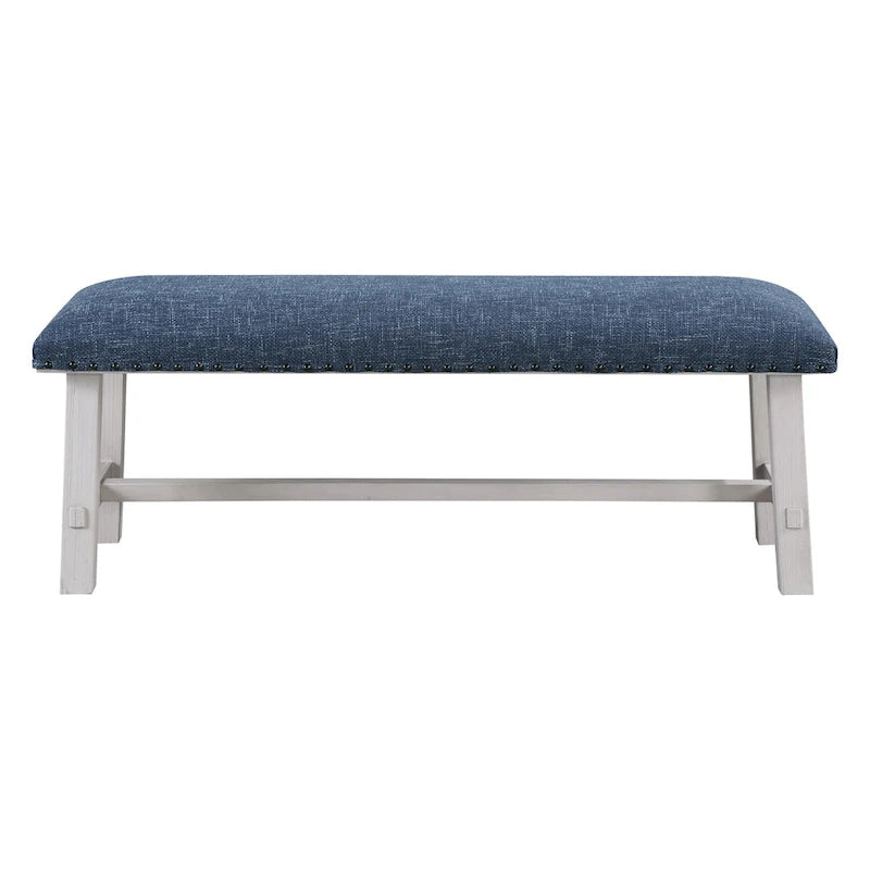 Banc Callen de OS Home and Office Furniture, avec structure blanchie et garniture cloutée bronze antique, revêtu de tissu bleu marine.