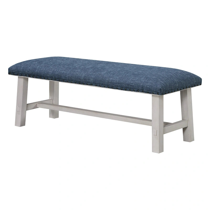 Banc Callen de OS Home and Office Furniture, avec structure blanchie et garniture cloutée bronze antique, revêtu de tissu bleu marine.