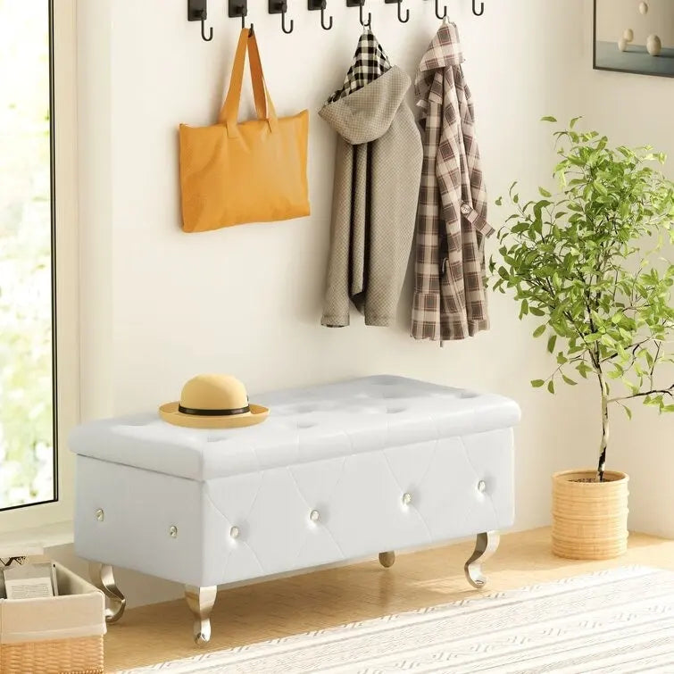Banc de rangement de 95 cm (37,4 pouces) avec capitonnage à boutons et charnière de sécurité, repose-pieds rabattable pour chambre, salon et entrée
