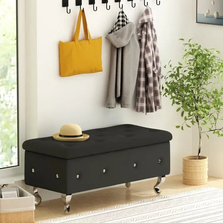 Banc de rangement de 95 cm (37,4 pouces) avec capitonnage à boutons et charnière de sécurité, repose-pieds rabattable pour chambre, salon et entrée
