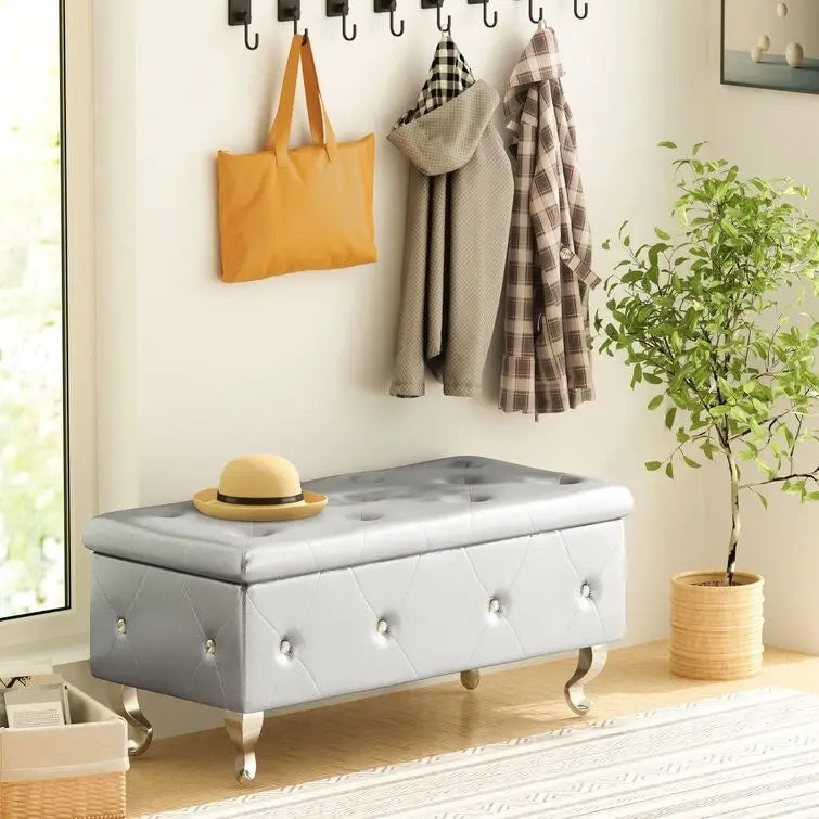 Banc de rangement de 95 cm (37,4 pouces) avec capitonnage à boutons et charnière de sécurité, repose-pieds rabattable pour chambre, salon et entrée