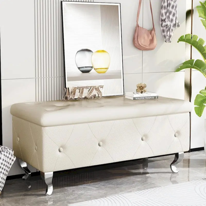 Banc de rangement de 95 cm (37,4 pouces) avec capitonnage à boutons et charnière de sécurité, repose-pieds rabattable pour chambre, salon et entrée