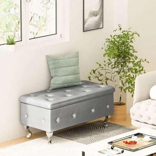 Banc de rangement de 95 cm (37,4 pouces) avec capitonnage à boutons et charnière de sécurité, repose-pieds rabattable pour chambre, salon et entrée