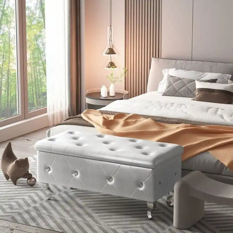 Banc de rangement de 95 cm (37,4 pouces) avec capitonnage à boutons et charnière de sécurité, repose-pieds rabattable pour chambre, salon et entrée