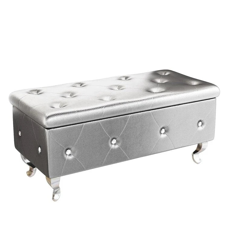 Banc de rangement de 95 cm (37,4 pouces) avec capitonnage à boutons et charnière de sécurité, repose-pieds rabattable pour chambre, salon et entrée