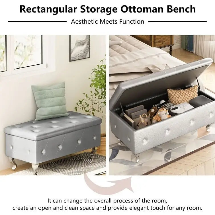 Banc de rangement de 95 cm (37,4 pouces) avec capitonnage à boutons et charnière de sécurité, repose-pieds rabattable pour chambre, salon et entrée