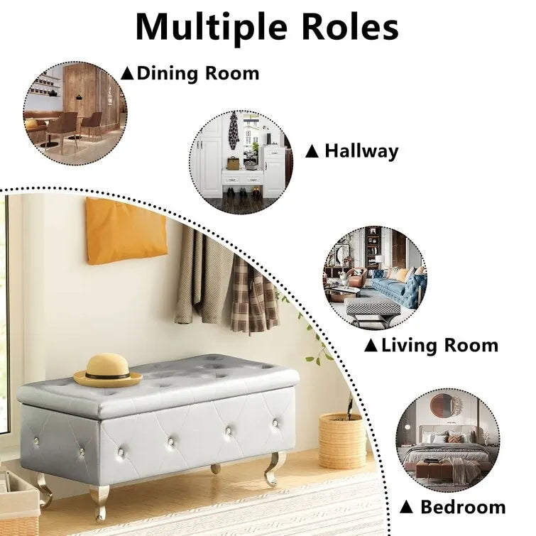 Banc de rangement de 95 cm (37,4 pouces) avec capitonnage à boutons et charnière de sécurité, repose-pieds rabattable pour chambre, salon et entrée