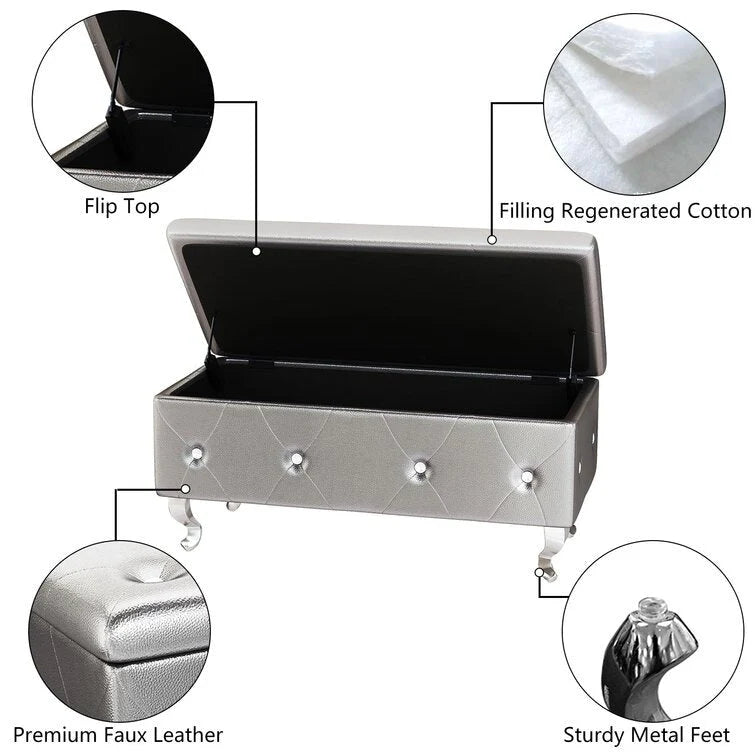 Banc de rangement de 95 cm (37,4 pouces) avec capitonnage à boutons et charnière de sécurité, repose-pieds rabattable pour chambre, salon et entrée