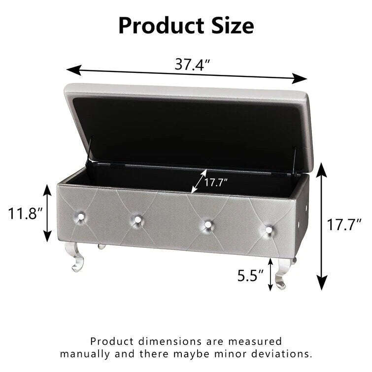 Banc de rangement de 95 cm (37,4 pouces) avec capitonnage à boutons et charnière de sécurité, repose-pieds rabattable pour chambre, salon et entrée