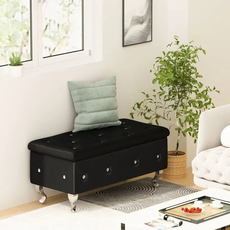 Banc de rangement de 95 cm (37,4 pouces) avec capitonnage à boutons et charnière de sécurité, repose-pieds rabattable pour chambre, salon et entrée