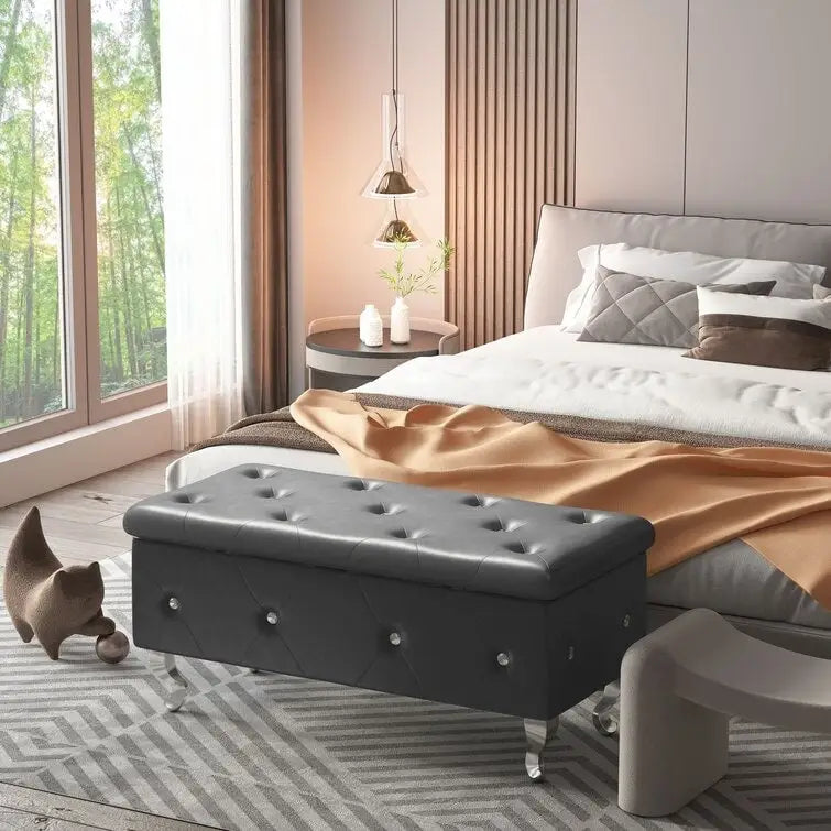 Banc de rangement de 95 cm (37,4 pouces) avec capitonnage à boutons et charnière de sécurité, repose-pieds rabattable pour chambre, salon et entrée