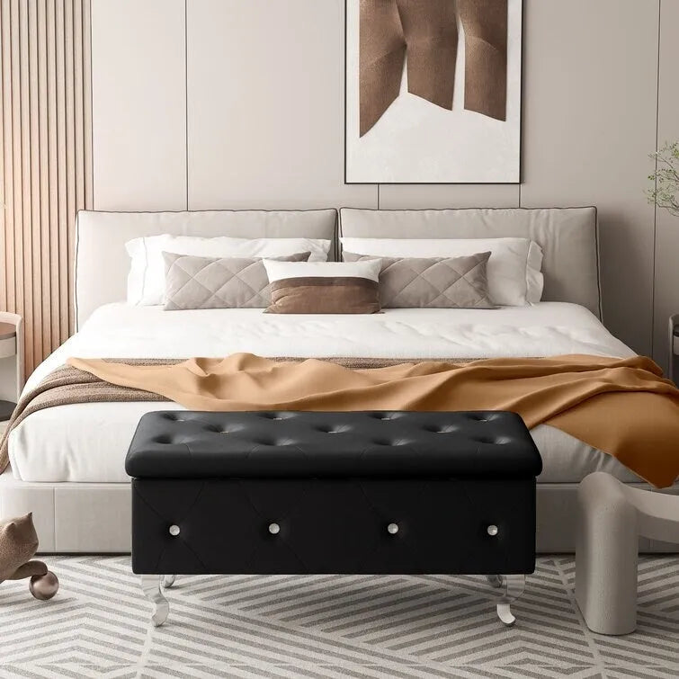 Banc de rangement de 95 cm (37,4 pouces) avec capitonnage à boutons et charnière de sécurité, repose-pieds rabattable pour chambre, salon et entrée