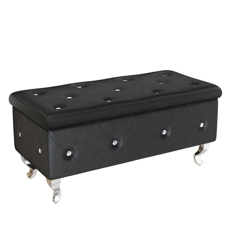 Banc de rangement de 95 cm (37,4 pouces) avec capitonnage à boutons et charnière de sécurité, repose-pieds rabattable pour chambre, salon et entrée