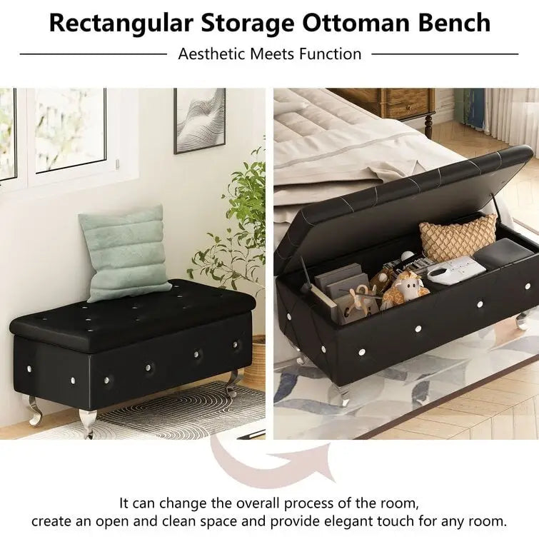 Banc de rangement de 95 cm (37,4 pouces) avec capitonnage à boutons et charnière de sécurité, repose-pieds rabattable pour chambre, salon et entrée