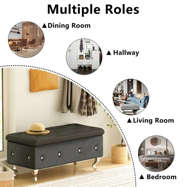 Banc de rangement de 95 cm (37,4 pouces) avec capitonnage à boutons et charnière de sécurité, repose-pieds rabattable pour chambre, salon et entrée