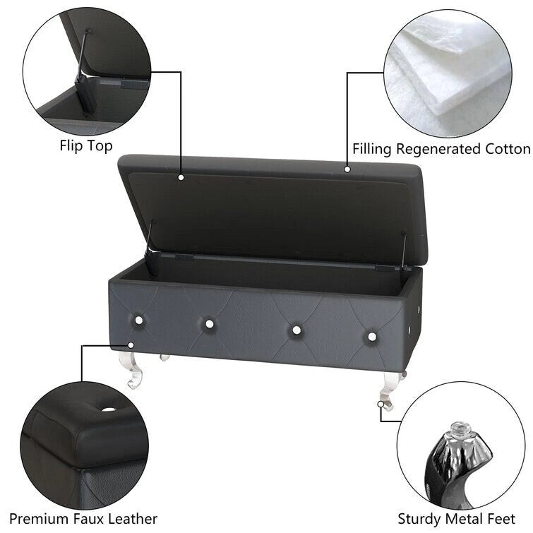Banc de rangement de 95 cm (37,4 pouces) avec capitonnage à boutons et charnière de sécurité, repose-pieds rabattable pour chambre, salon et entrée