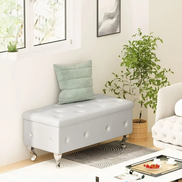 Banc de rangement de 95 cm (37,4 pouces) avec capitonnage à boutons et charnière de sécurité, repose-pieds rabattable pour chambre, salon et entrée