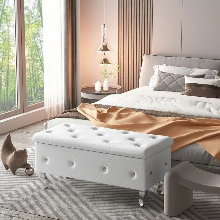 Banc de rangement de 95 cm (37,4 pouces) avec capitonnage à boutons et charnière de sécurité, repose-pieds rabattable pour chambre, salon et entrée