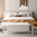 Banc de rangement de 95 cm (37,4 pouces) avec capitonnage à boutons et charnière de sécurité, repose-pieds rabattable pour chambre, salon et entrée