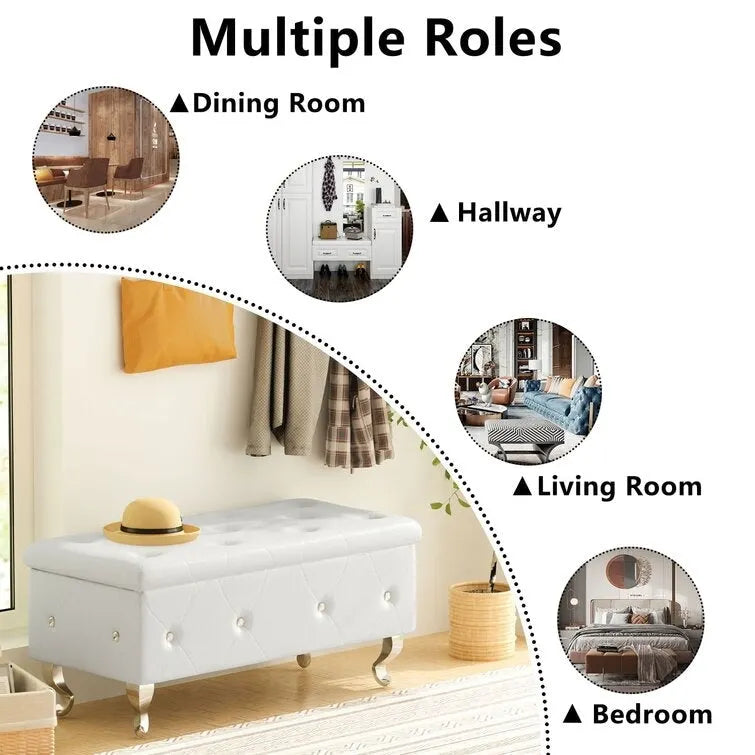 Banc de rangement de 95 cm (37,4 pouces) avec capitonnage à boutons et charnière de sécurité, repose-pieds rabattable pour chambre, salon et entrée