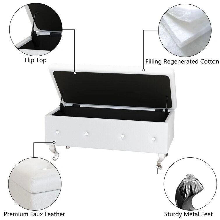 Banc de rangement de 95 cm (37,4 pouces) avec capitonnage à boutons et charnière de sécurité, repose-pieds rabattable pour chambre, salon et entrée