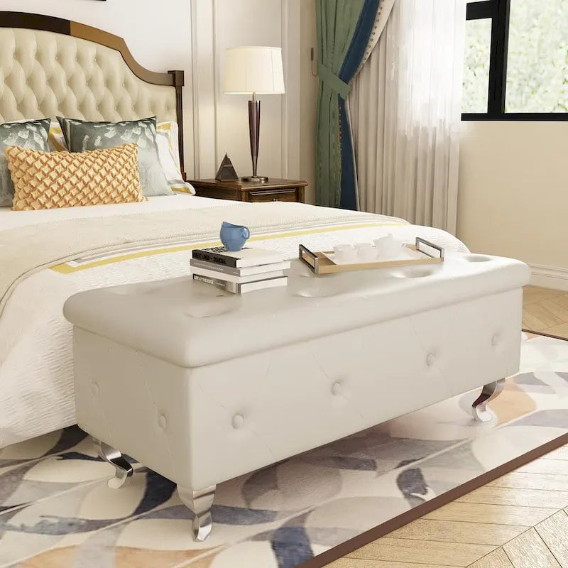 Banc de rangement de 95 cm (37,4 pouces) avec capitonnage à boutons et charnière de sécurité, repose-pieds rabattable pour chambre, salon et entrée