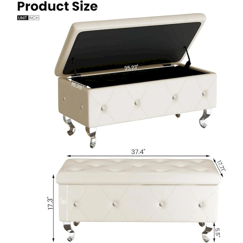Banc de rangement de 95 cm (37,4 pouces) avec capitonnage à boutons et charnière de sécurité, repose-pieds rabattable pour chambre, salon et entrée