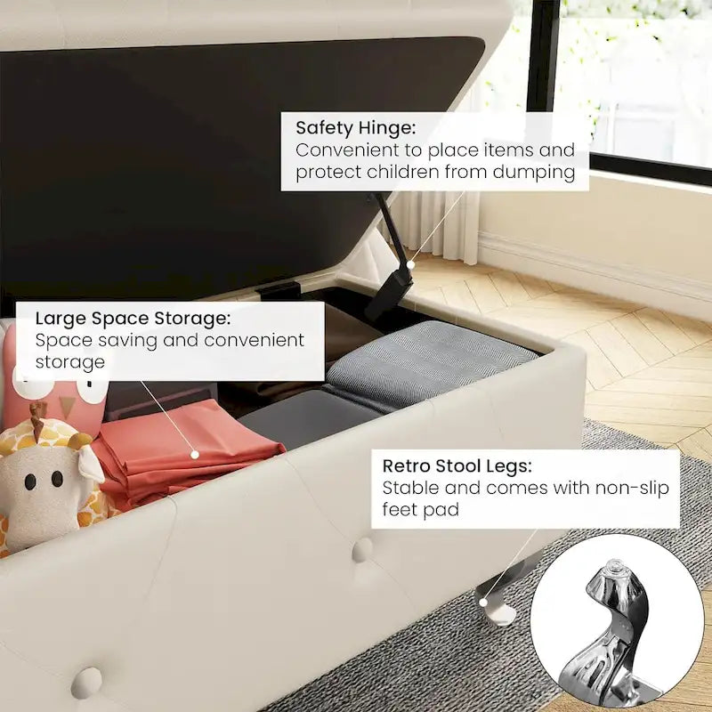 Banc de rangement de 95 cm (37,4 pouces) avec capitonnage à boutons et charnière de sécurité, repose-pieds rabattable pour chambre, salon et entrée