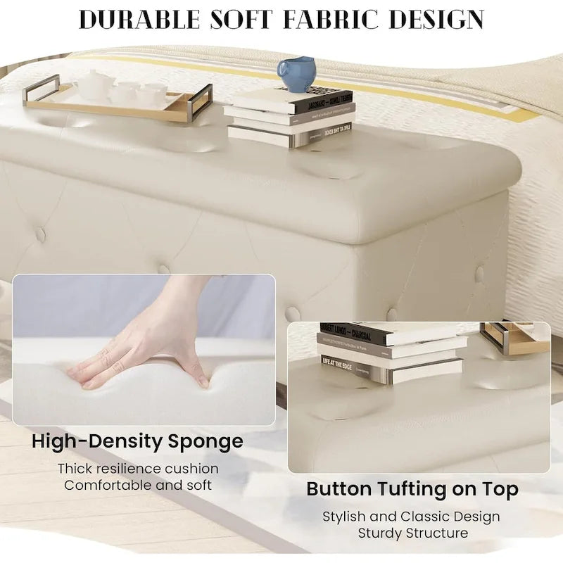 Banc de rangement de 95 cm (37,4 pouces) avec capitonnage à boutons et charnière de sécurité, repose-pieds rabattable pour chambre, salon et entrée
