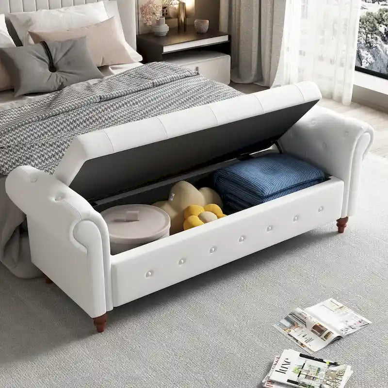 Banc de lit 63 en tissu blanc crème