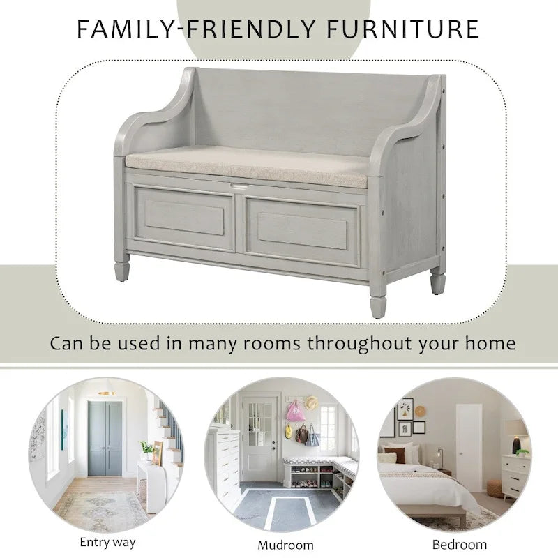 Banc de rangement multifonctionnel en bois massif de style rustique (42 pouces)